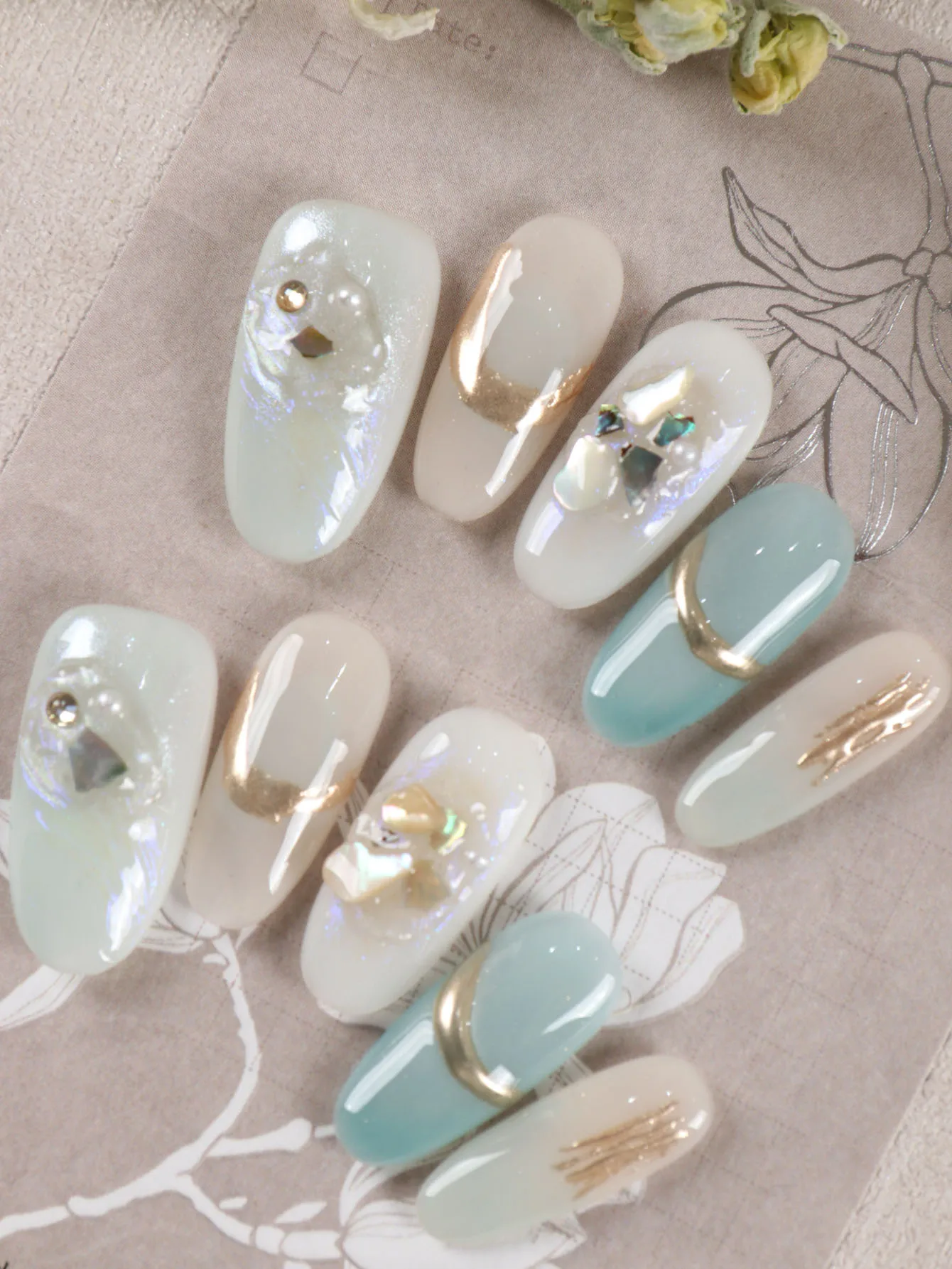 10Pcs Press on Nails Blue Cat's Eye Golden Long Fake Nails Includes 1 Sheet of Adhesive Tabs & 1 Pc Mini File