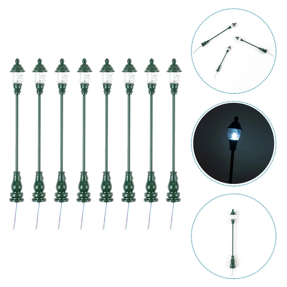 8 pçs modelo jardim luz solar lâmpada de rua aldeia aço inoxidável mais abs pequena decoração quintal em miniatura criança para diy