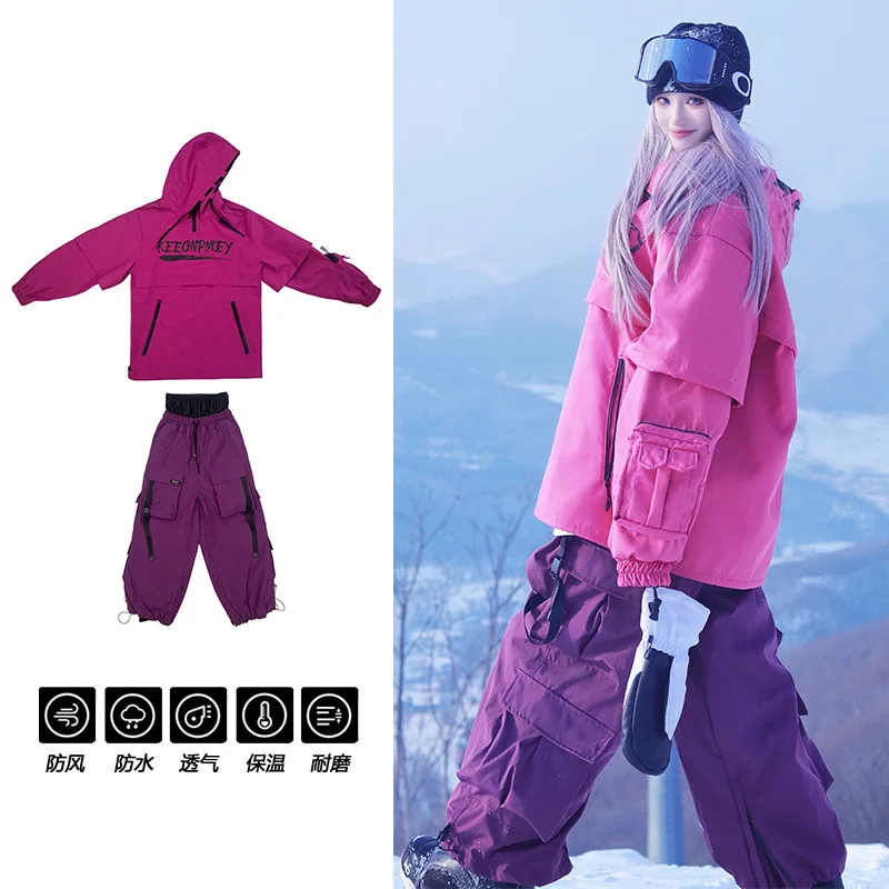 

Спорт на открытом воздухе, свитер с капюшоном, лыжный комплект, фиолетовые американские зимние брюки