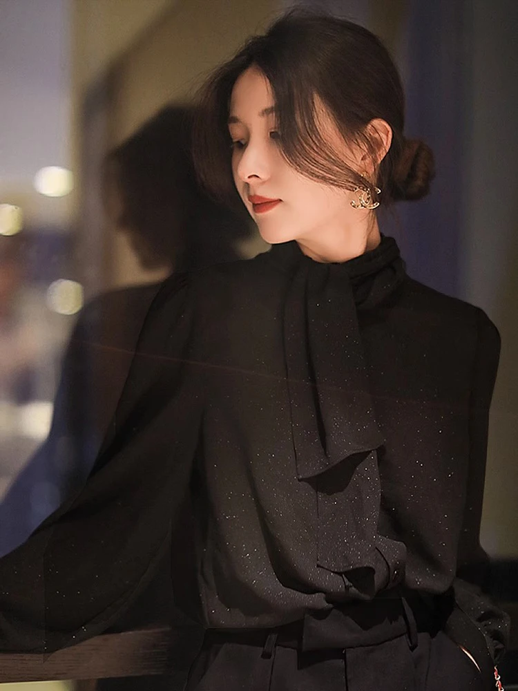 

Black Sash Shirt Women's Long Sleeve Inner Wear Layering Top Spring Autumn Winter Fashionable Korean Style Commute Design