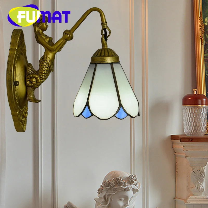 fumat led lampada de parede de vitral estilo tiffany modelagem petala azul mediterraneo sala de jantar quarto cama corredor decoracao do corredor 01