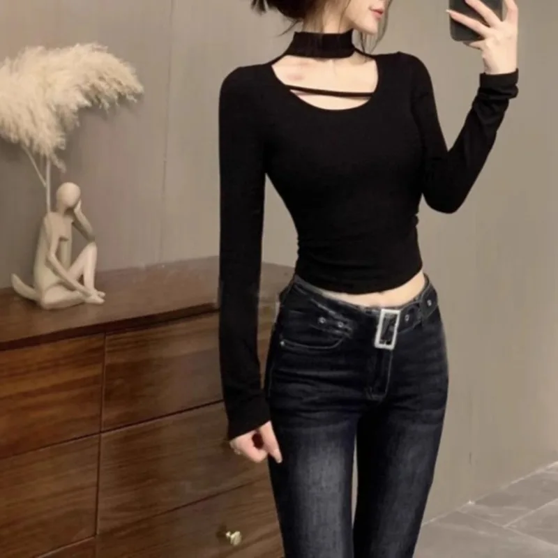 Autumn Winter Hollow Sexy Slim German Velvet Halter Top Long-sleeved T-shirt Women's Bottoming Shirt