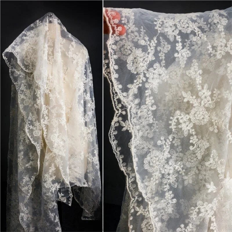 

embroidered pattern mesh lace jacquard fabric semi-transparent wedding dress designer