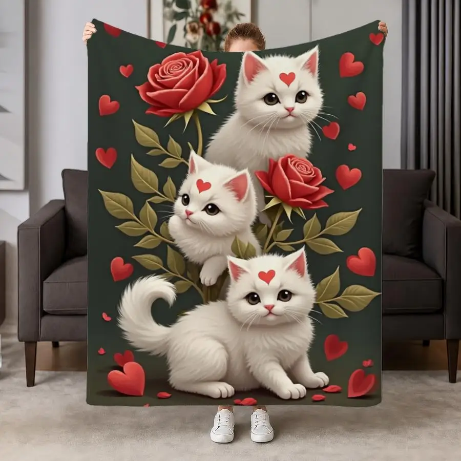 Quirky Kitten And Rose Weighted Blanket - Soft Flannel Throw, Suitable for Sofa, Bed, Office, And Travel, Machine Washable Comfo