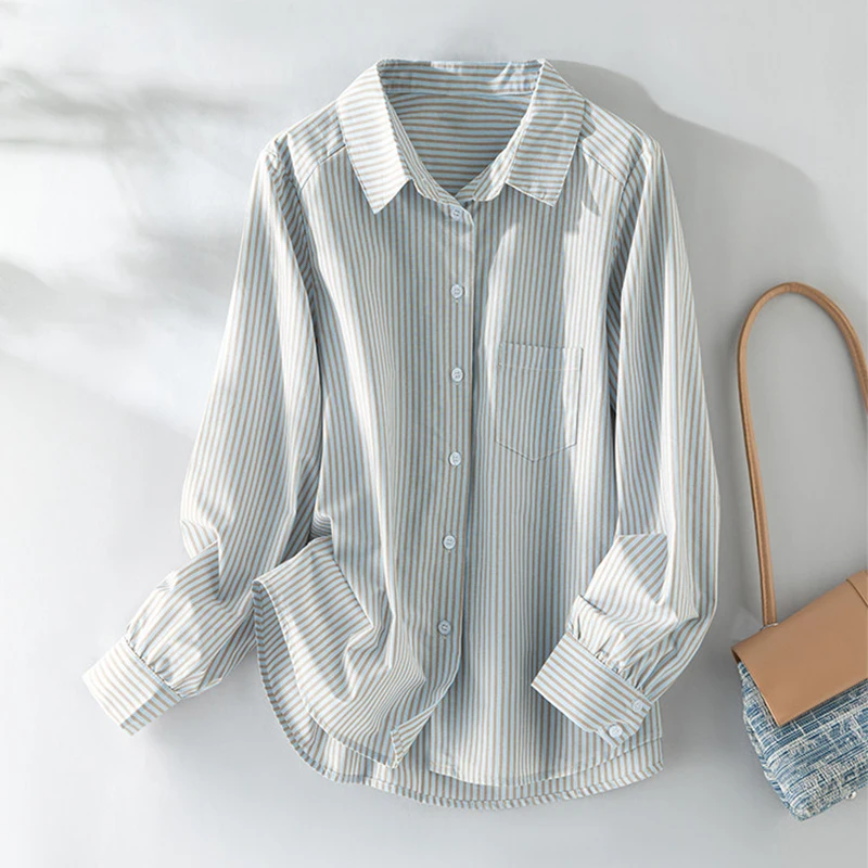 

Женская рубашка-пальто синего цвета в полоску, весна 2026, новый американский стиль, повседневное свободное пальто с отложным воротником, однобортное, с карманами, для поездок на работу