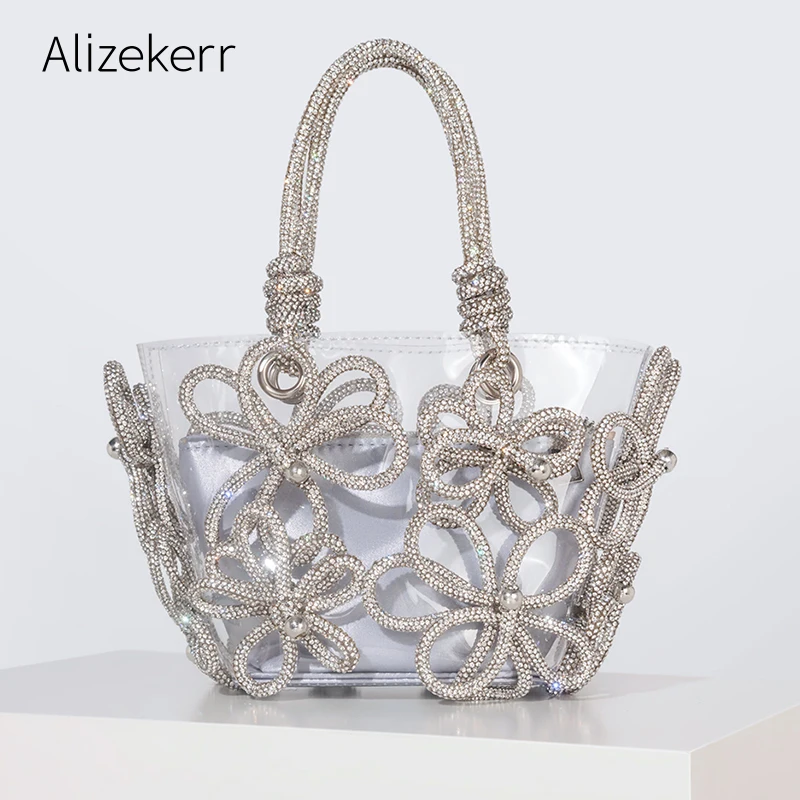 Diamond Flower Transparent Tote Bags Women Boutique Summer Holiday Handmade Woven Rhinestone Beach Purses And Handbags Wedding