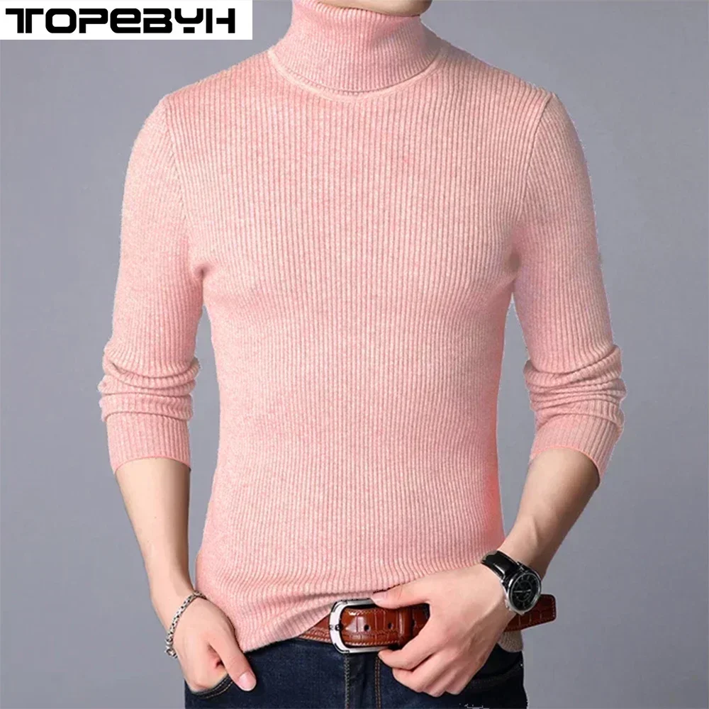 High Quality Men\'s Autumn and Winter High Neck Knit Shirt Slim Fit Long Sleeve Sweater Solid Color Pullover Tops