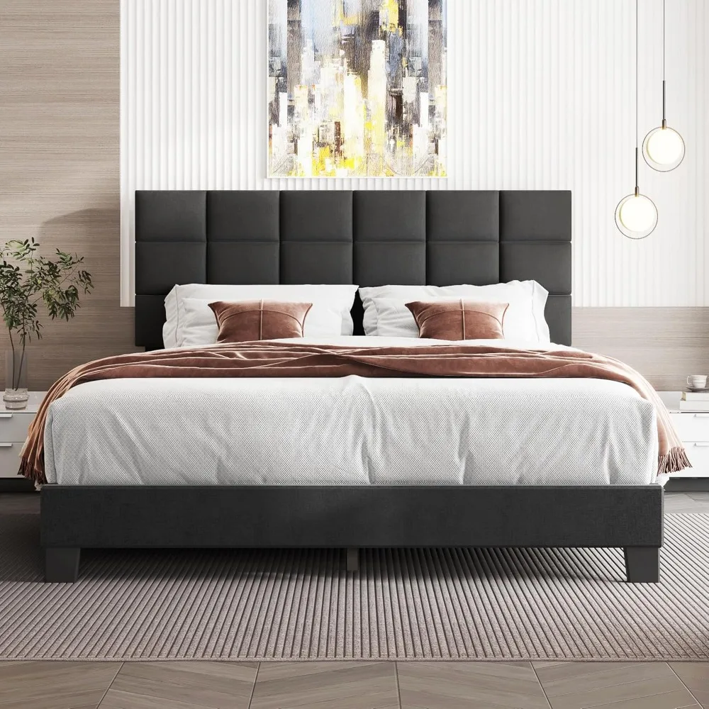 Queen Bed Frame with Headboard Linen Upholstered Bed Frame with Wood Slats Support,No Boxing Needed,Heavy Duty Feet