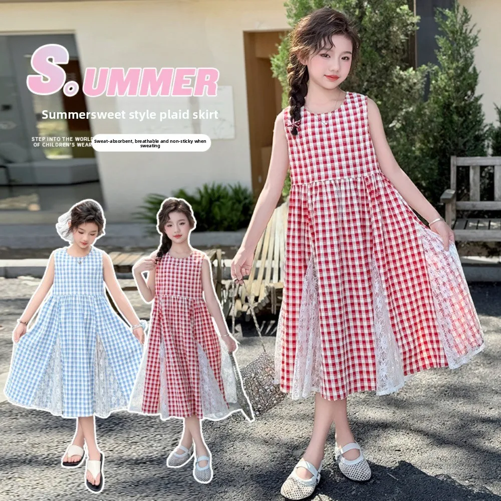 

Round Neck Children Plaid Dress Princess with Mesh Lace Flower Kids Grid Long Dress Sleeveless Blue Red Girls Patchwork Skirt