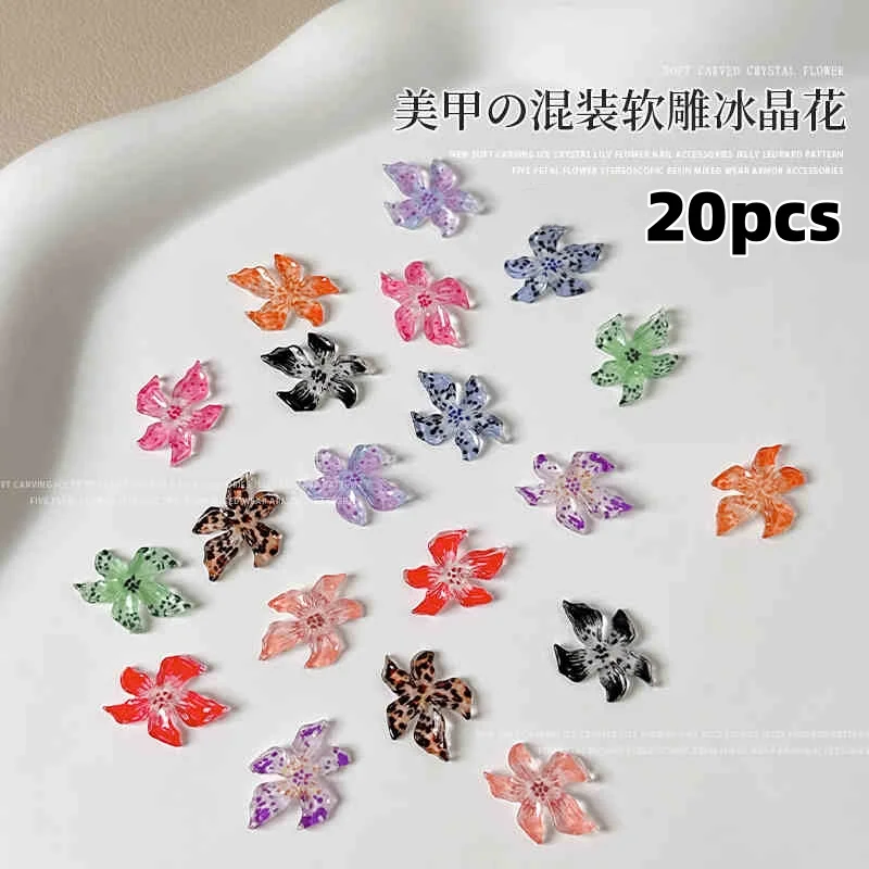 20 pçs 3d semi-transparente lírio floral encantos de unhas design de flor de cristal de gelo macio com impressão de leopardo para decoração de manicure diy