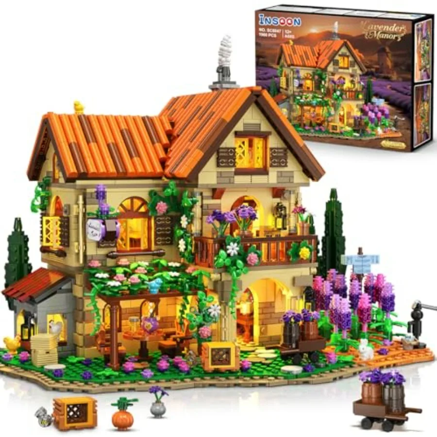 

Lavender Manor House Building Set with Lights: Lavender-colored ABS plastic model home decor for romantic cottage scene, featur