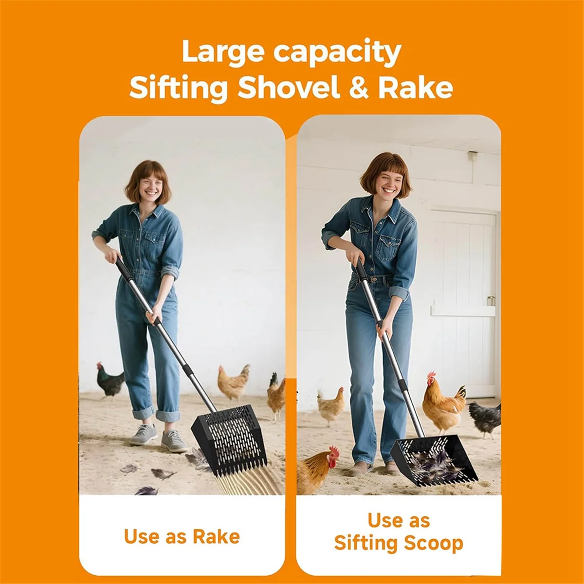 Novo colher de cocô de frango, pá de colher de 10 polegadas pá de peneiração de areia com alça de aço inoxidável ajustável de 35 a 62 polegadas