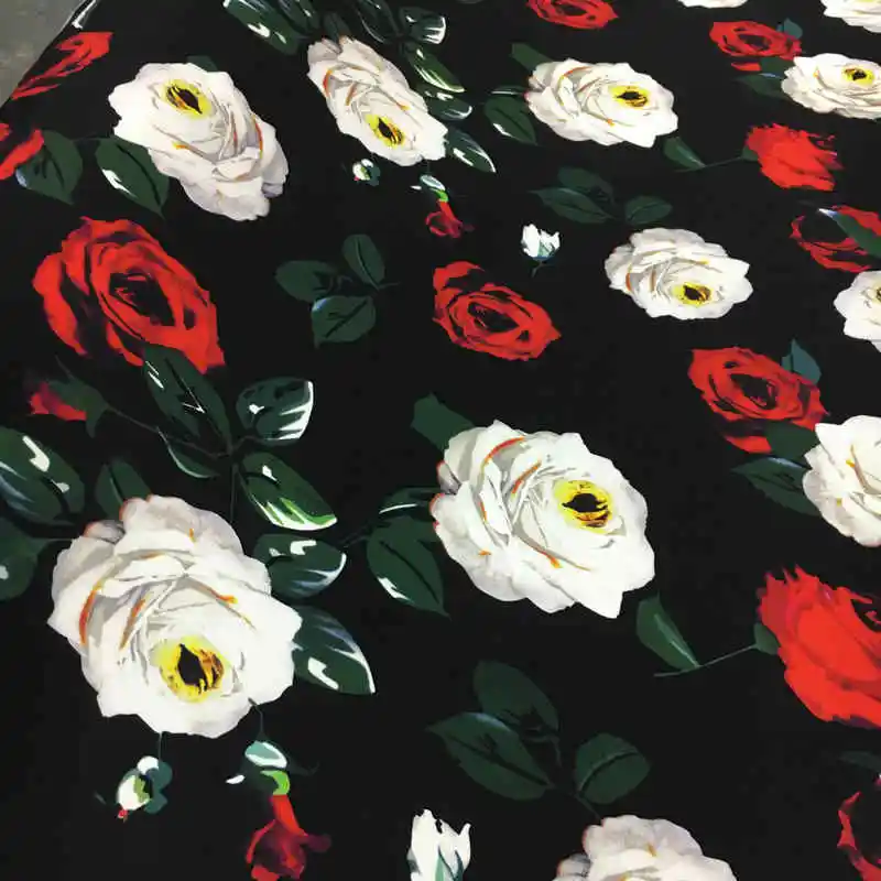 Big Brand Black Bottom Red and White Rose Print Mulberry Silk Dress Fabric 30 Mommy Stretch Heavy Crepe Silk Fabric Breathable