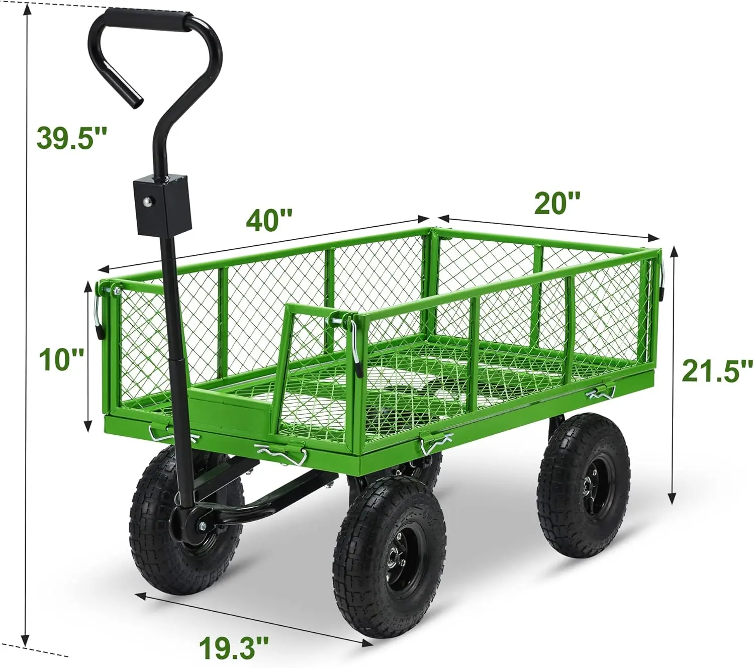 Carrinho de jardim em aço com lados removíveis, Heavy Duty Utility Wagon Cart, Pneus Pneumáticos Enormes, Carrinho de vagão, 880Lbs