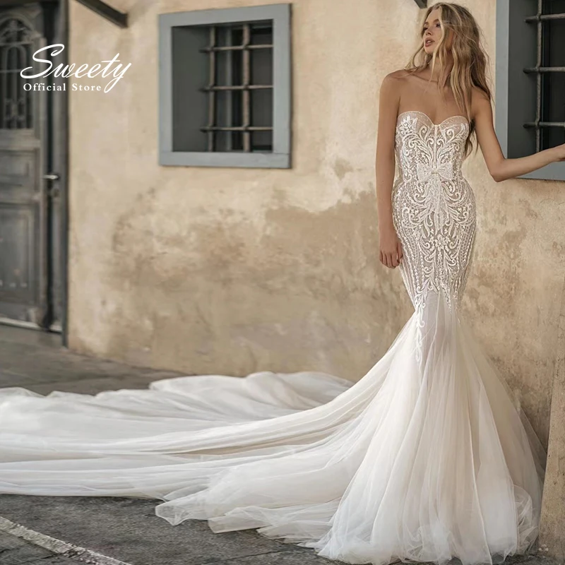 Robe de mariée sirène champagne, tenue de mariage de luxe rétro, col en v, décoration appliquée, grande jupe