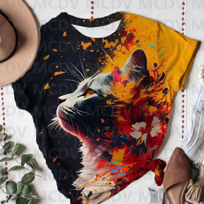 

Colorful Cat Printing Round Neck Casual T-shirt 3D All Over Printed Summer Women's T Shirts