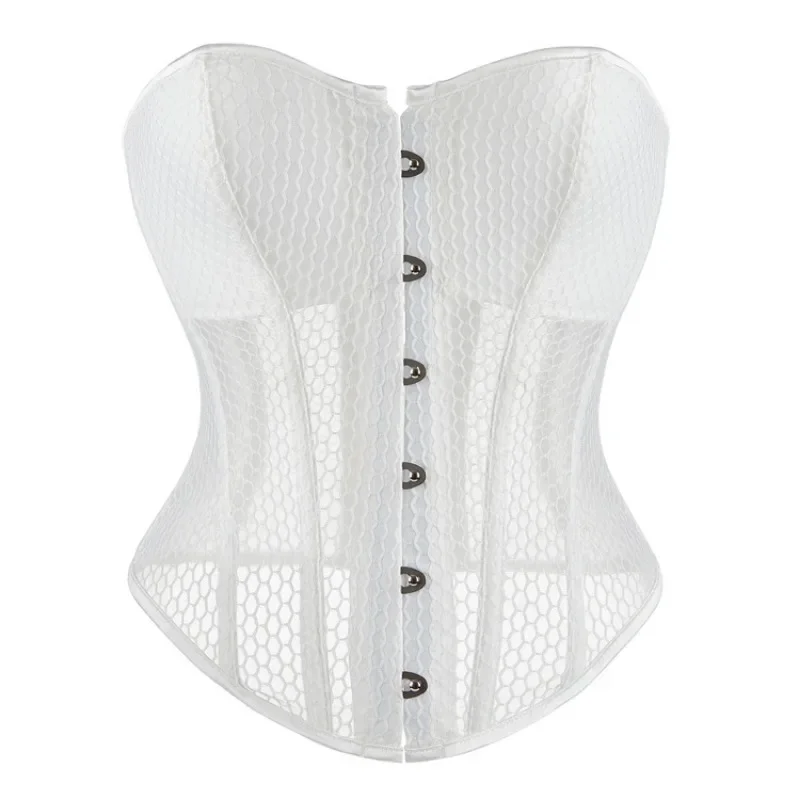 Women Lace Up Sexy Transparent Mesh Boned Corset Overbust Bustier Lingerie Bodyshaper Top Corsets Top