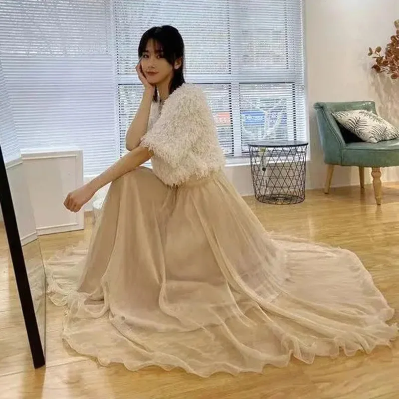 الشيفون تنورة طويلة المرأة عطلة الشاطئ الكشكشة أنيقة تنورة الحفلات عالية الخصر فضفاضة شبكة الحلو سيدة الكرة ثوب صيف جديد