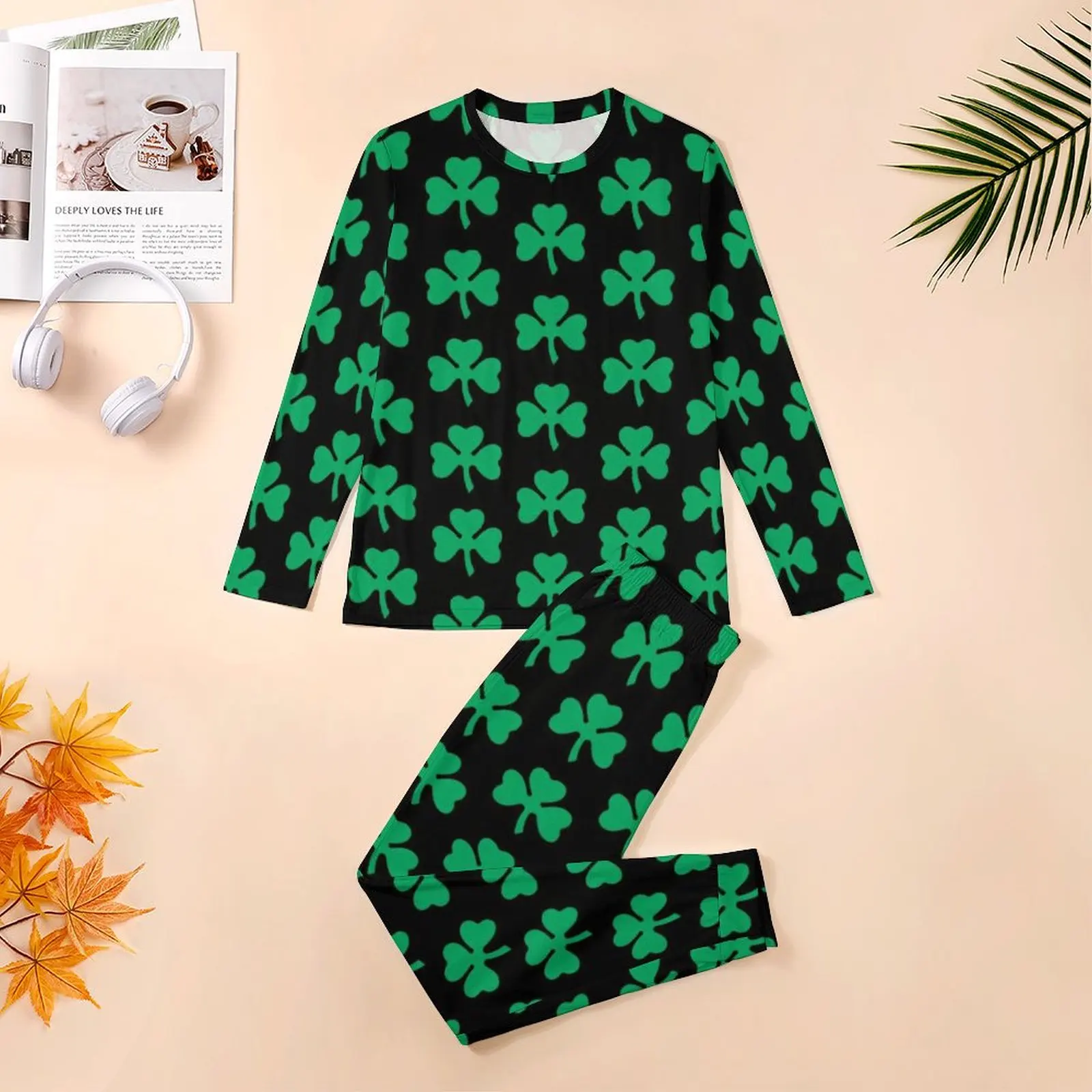 Conjuntos de pijama masculino manga comprida trevo verde irlandês, terno macio para casa, gráfico de quarto, dia de São Patrício, diário, 2 peças, 5XL