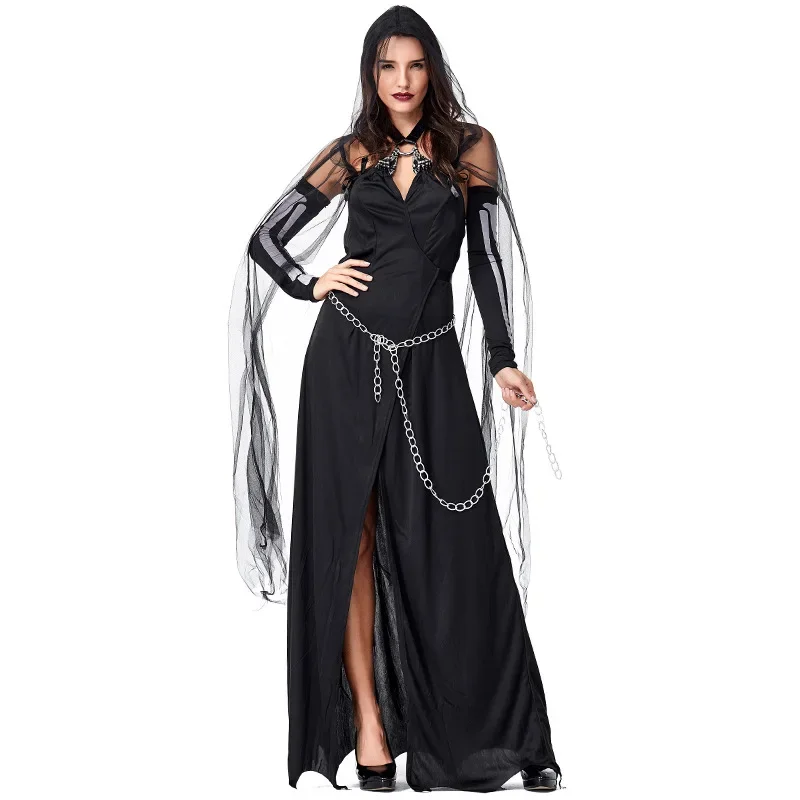 Women Lady Death Grim Reaper Scary Ghost Demon Costume Halloween Purim Party Cosplay Dress