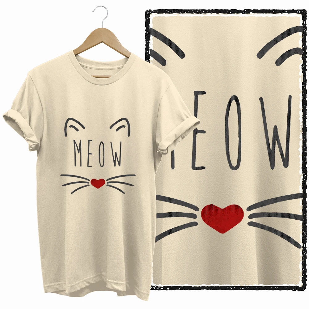 COOLMIND 100% Cotton Beige Cat Print Exclusive Graphic Women T Shirt Big Size Loose Cotton Cat Lover Women T Shirt Lovely Cat Te