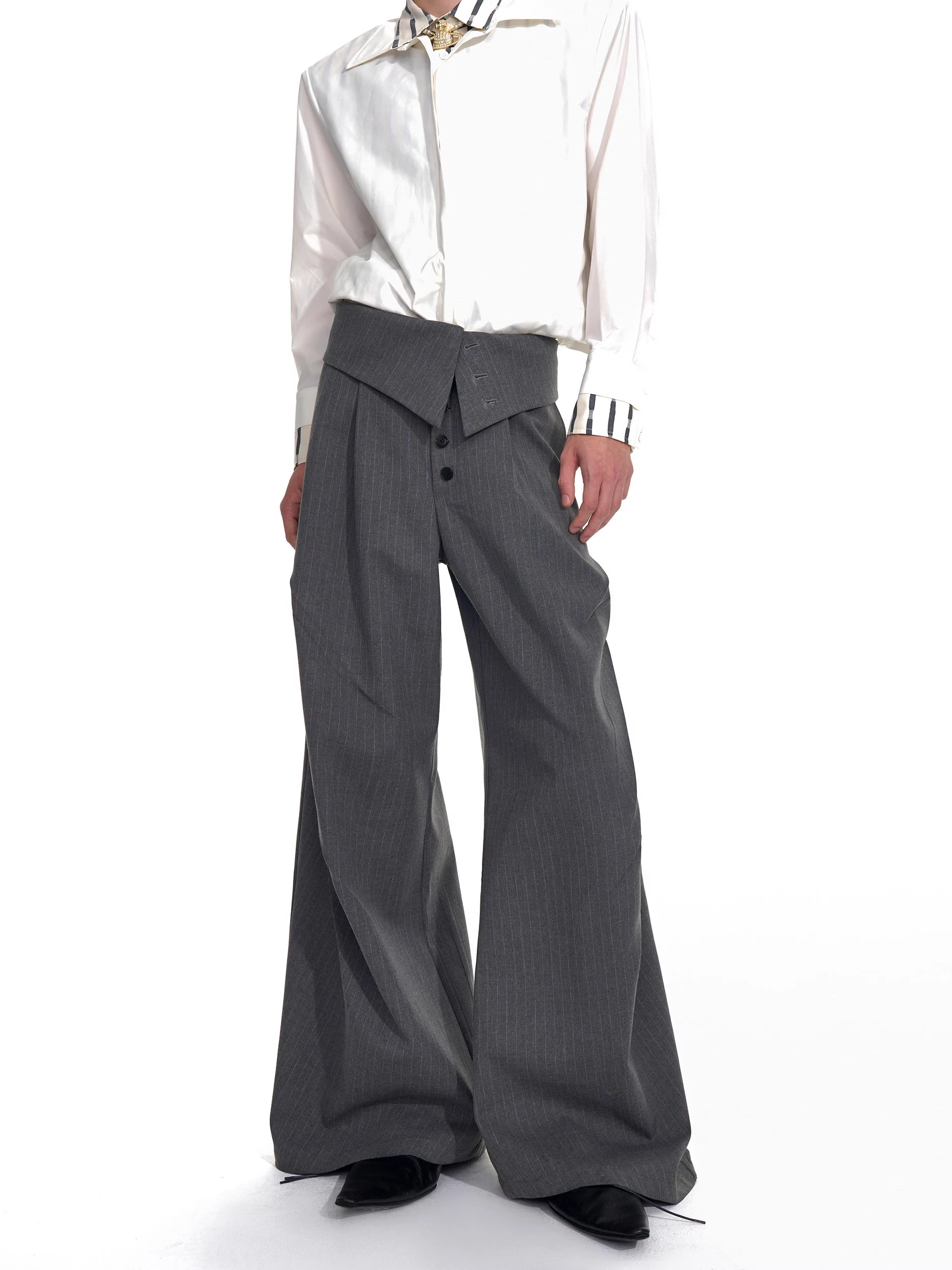 

Mauroicardi Autumn Long Baggy Grey Striped Wide Leg Pants for Mens High Waist Loose Elegant Luxury Chic Trousers Clothes 2025