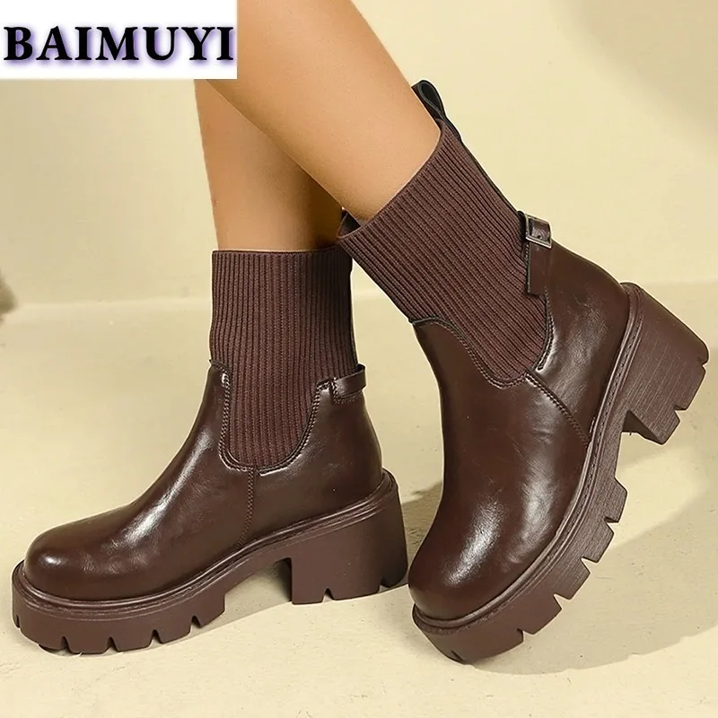 High Heels Women Ankle Boots Fashion Snow Platform Knitting Shoes Woman Brand Winter 2025 Trend Elegant Office Shoes Botas Mujer