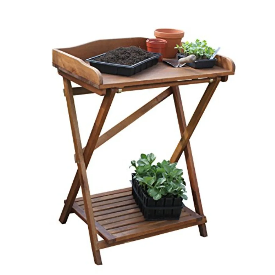 

Folding garden workbench for potting use acacia wood natural brown with storage shelf and soil guard 29.5 W x 39.3 H x 18.8 D