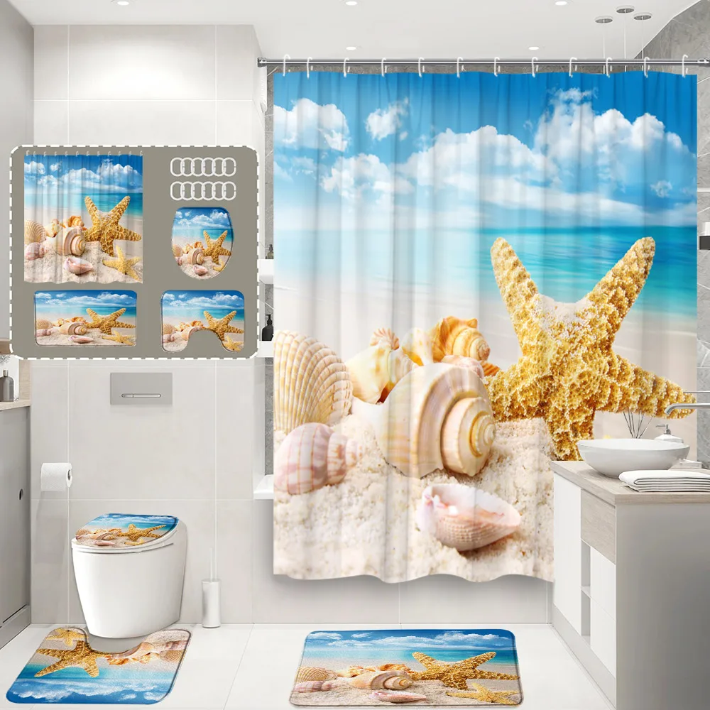 

4Pcs Modern 3D Ocean Shower Curtain, Seaside Beach Shell Starfish Tropical Plants Summer Bathroom Set Toilet Cover Floor Rugs