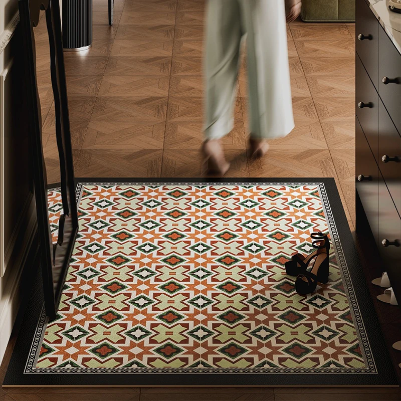 Entrance Door Mat Anti-slip Waterproof Dirt-resistant Carpet Retro Green Plaid Pvc Leather Rug Semicircle Home Decor Floor Mats