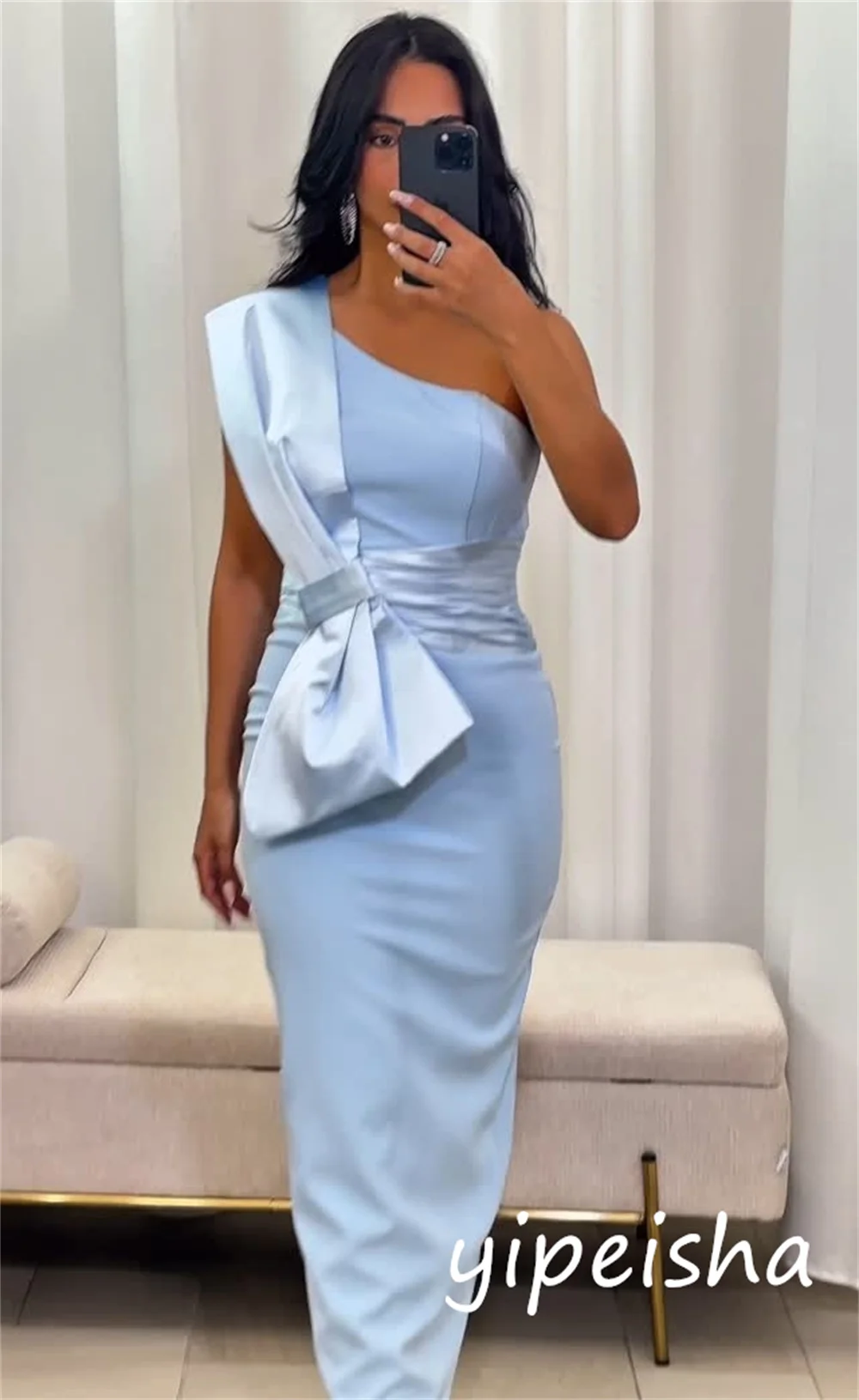 Robe mi-longue en Jersey de Style chinois, personnalisée, avec nœud plissé, droite, asymétrique épaule dénudée, sur mesure, élégante, rétro