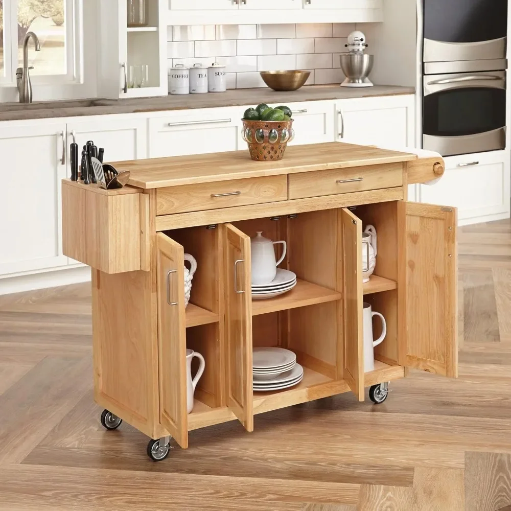 General Line Kitchen Mobile Cart with Drop Leaf Breakfast Bar, 54 Inches Wide, Natural Hardwood, FURNITURE