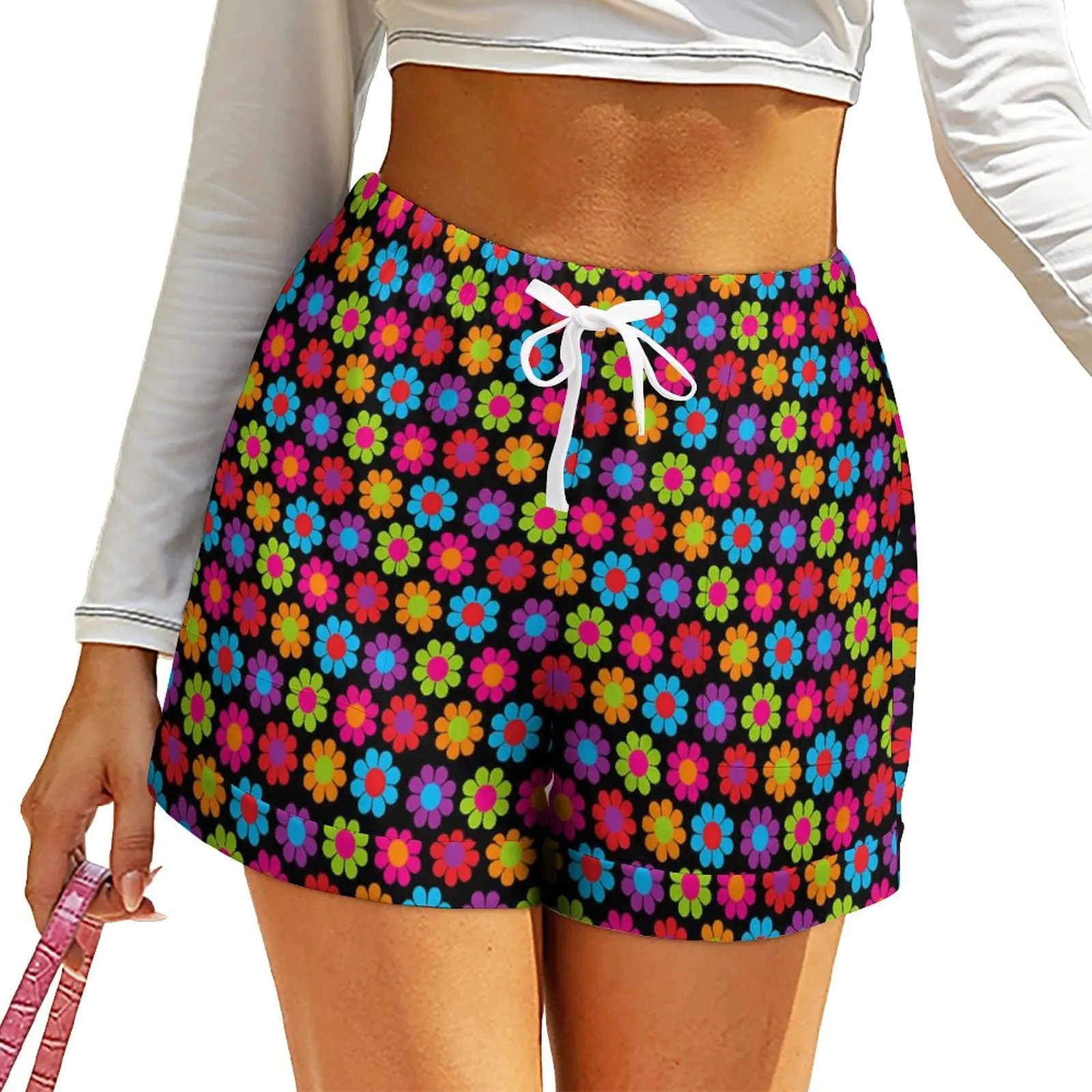 Flower Power Shorts Female Colorful Floral Street Wear Graphic Shorts Elastic High Waist Oversized Short Pants Trendy Bottoms