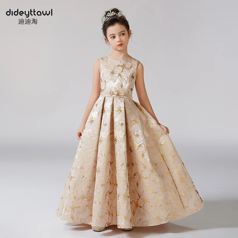 É yiiya personalizado vestidos da menina de flor dourado floral o-pescoço sem mangas a linha plissado zíper volta até o chão crianças vestido t152