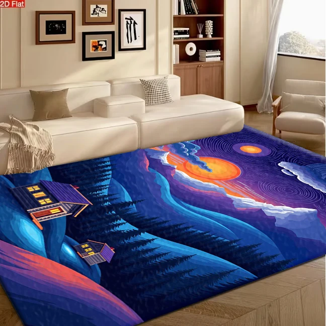 Carpet Flooring Mountain Forest House Starry Sky Abstract Art Print Home Decoration Floor Rug for Indoor Space