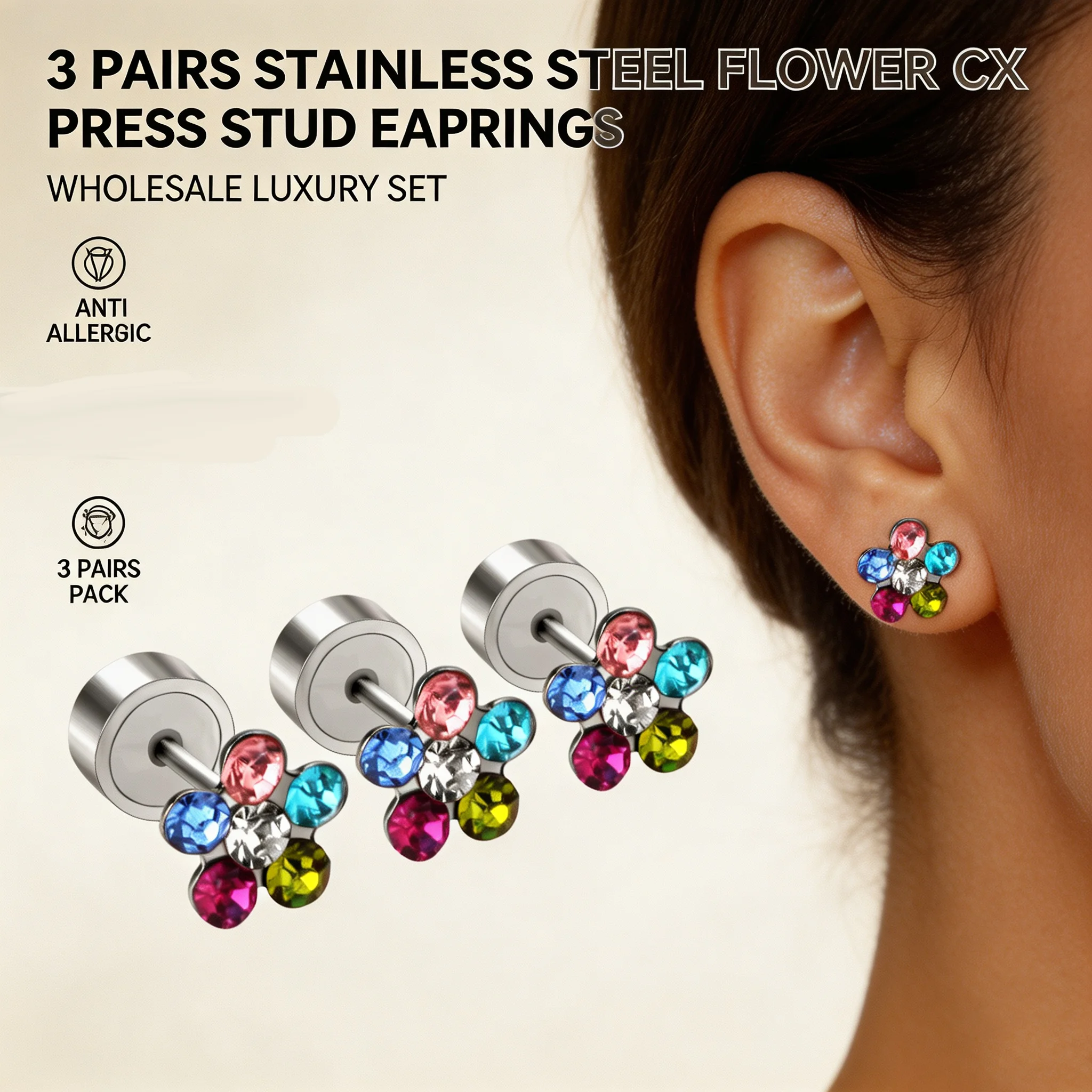 Wholesale 3 Pairs Stainless Steel Colorful CZ Flower Press Stud Earrings Bulk Piercing Ear Jewelry Set