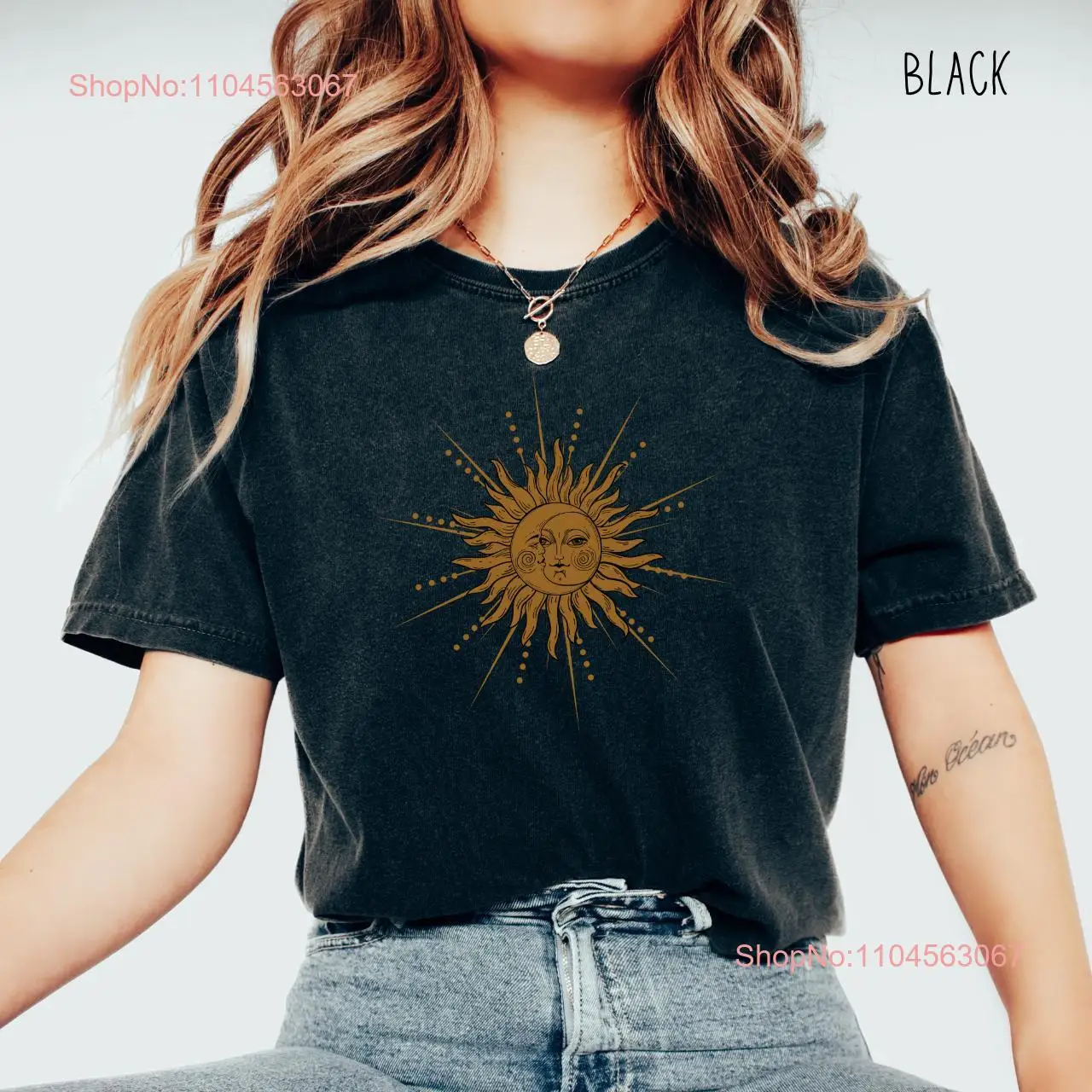 천체 컴포트 색상 T 셔츠 Moon Phase Boho 신비로운 태양 복장 영적 여성 의류 긴 또는 짧은 소매