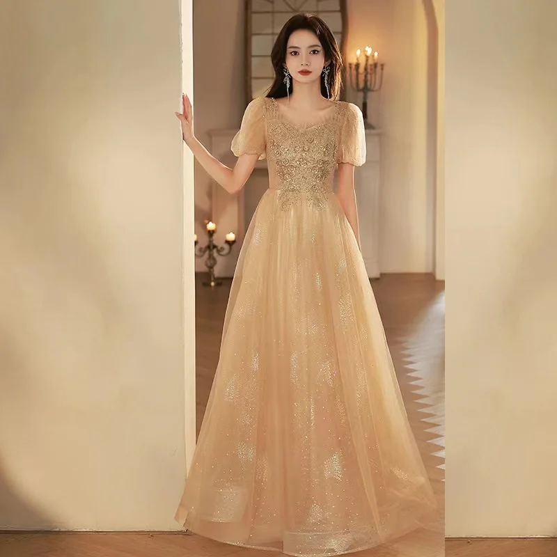 

Robe De Soiree Evening Dress A-Line Square Collar Short Sleeve Applique Beading Sequin Floor-Length Lace Up Party Celebrity Gown