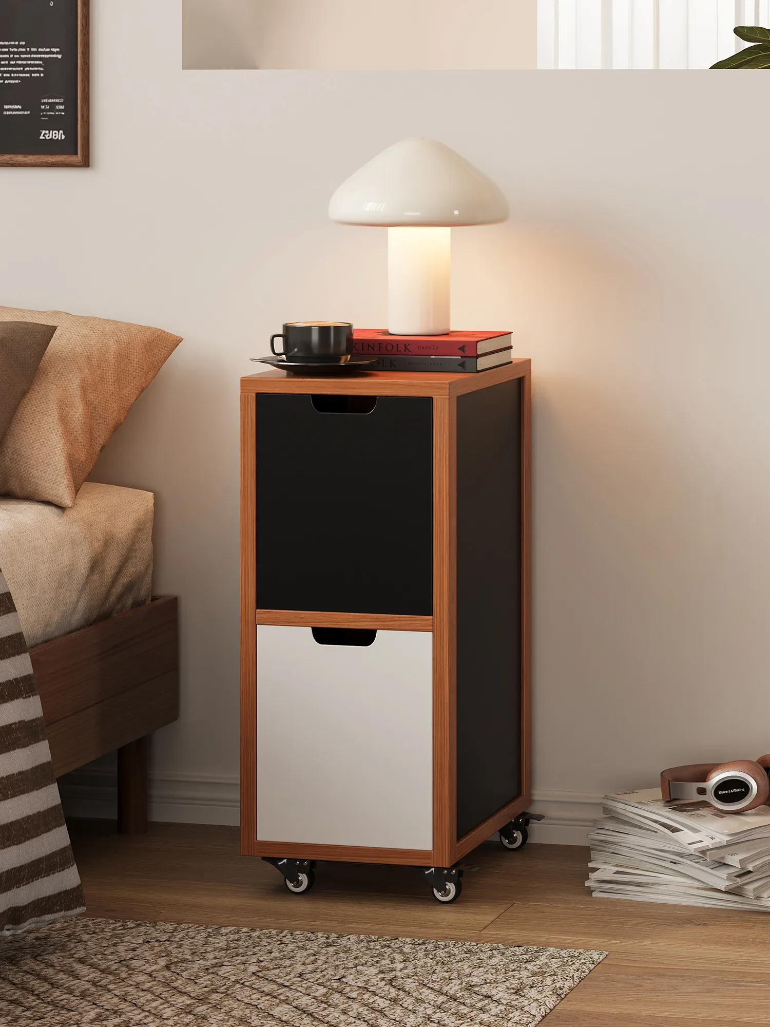 Color matching bedside table, minimalist bedroom narrow cabinet, extremely narrow movable bedside seam cabinet