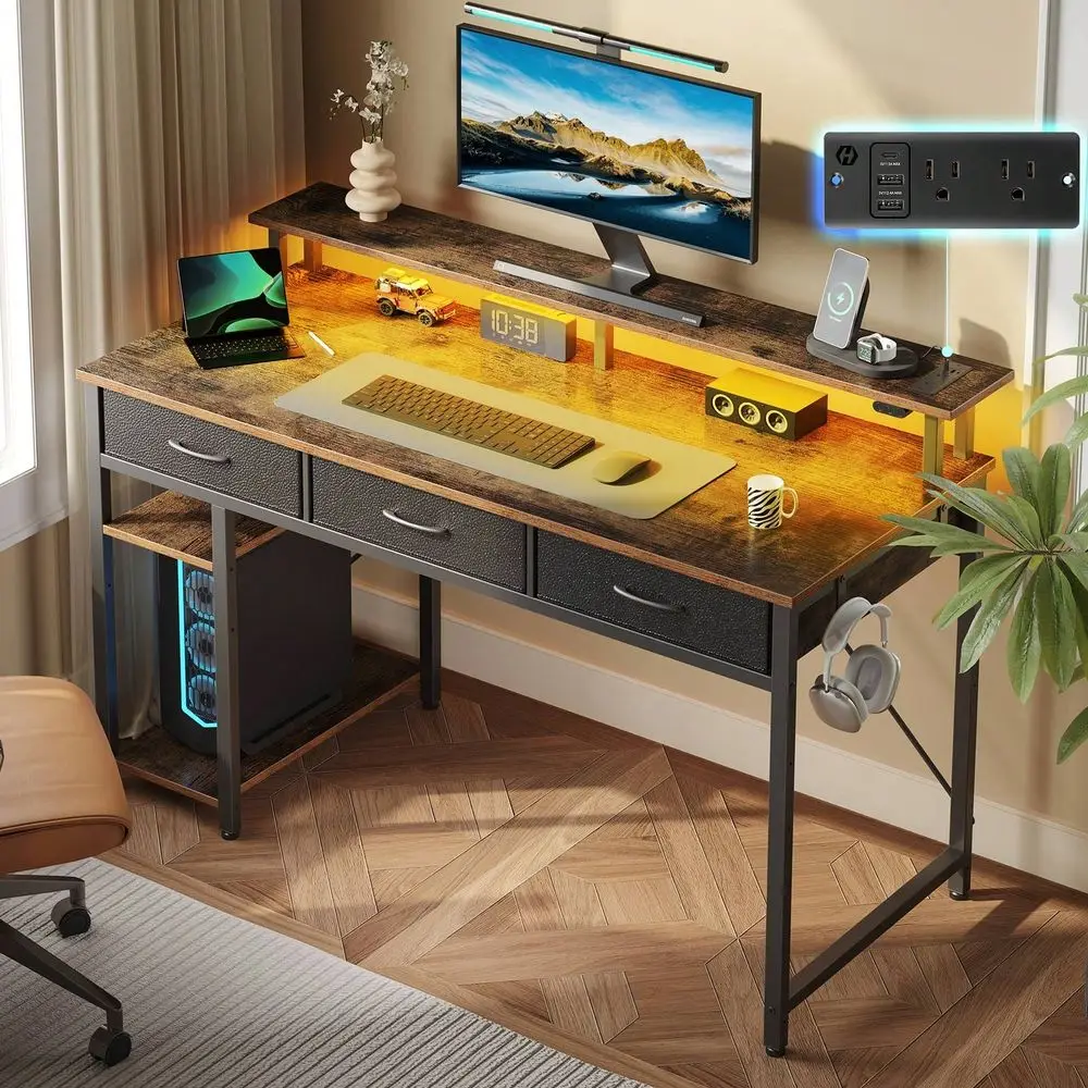 

computer desk table office desk39 47 55 Inch Home Office Computer Desk With Power Outlets LED Light ,3 Drawers Storage Shelves M