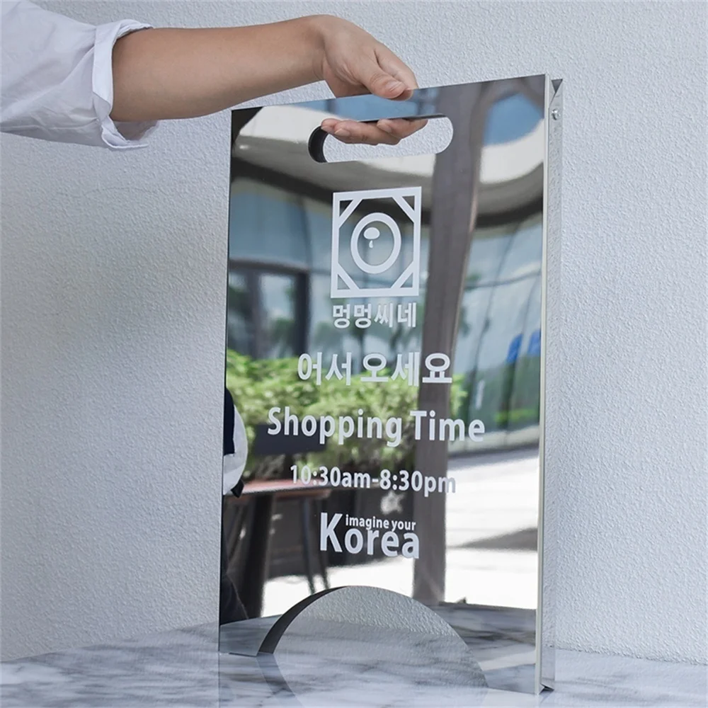 Korean Style Mirror Sign Board Coffee Shop Welcome Signage Folding Floor Standing Door Advertising Plate Display Signboard