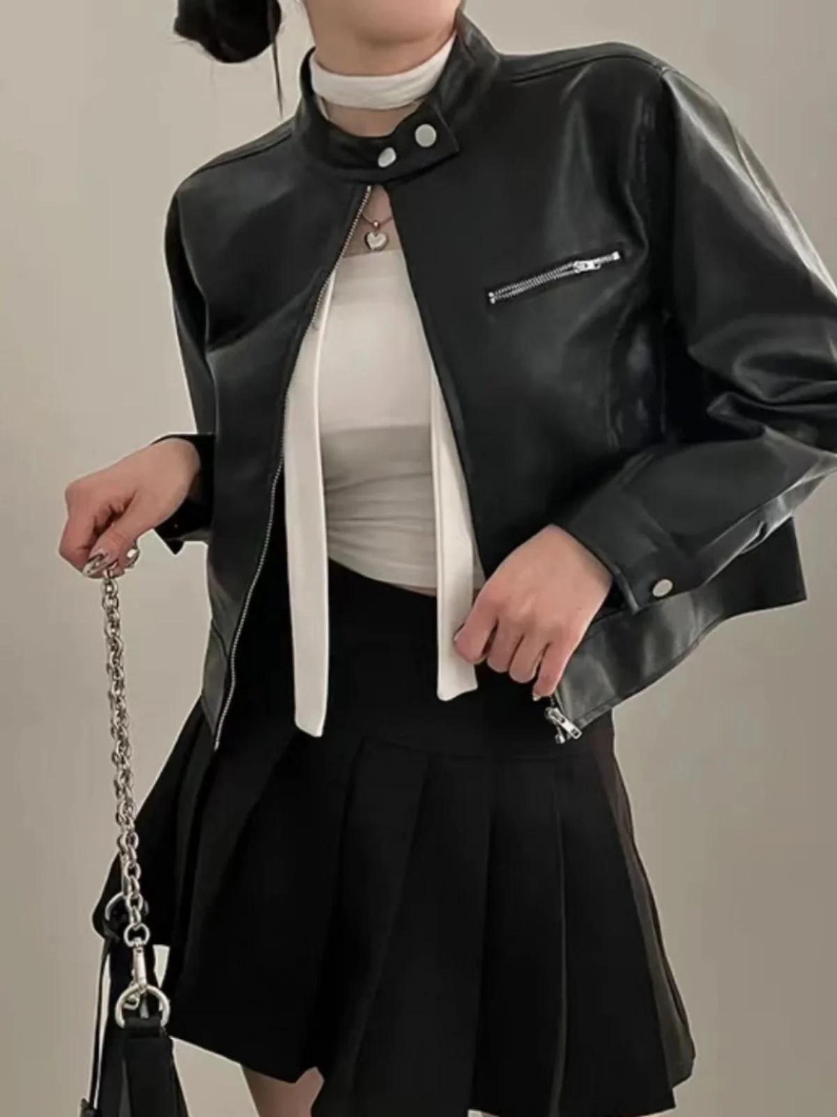 Fall New Sle High-End Motorcycle Leather Jacket Long Sleeve Stand Collar Versatile Baseball Shirt Top for Small Figures