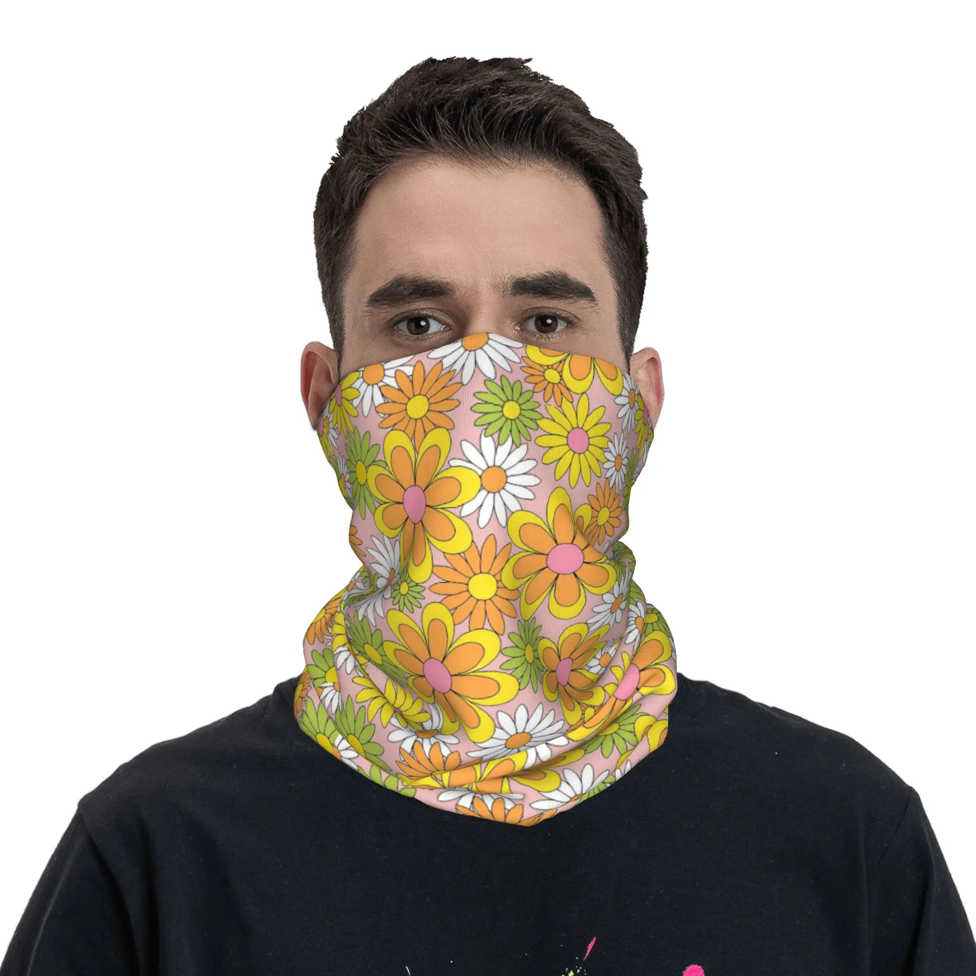 Vintage 70s Flower Power Orange Daisy Bandana Neck Gaiter Printed Magic Scarf Balaclava Cycling for Men Women Adult All Season