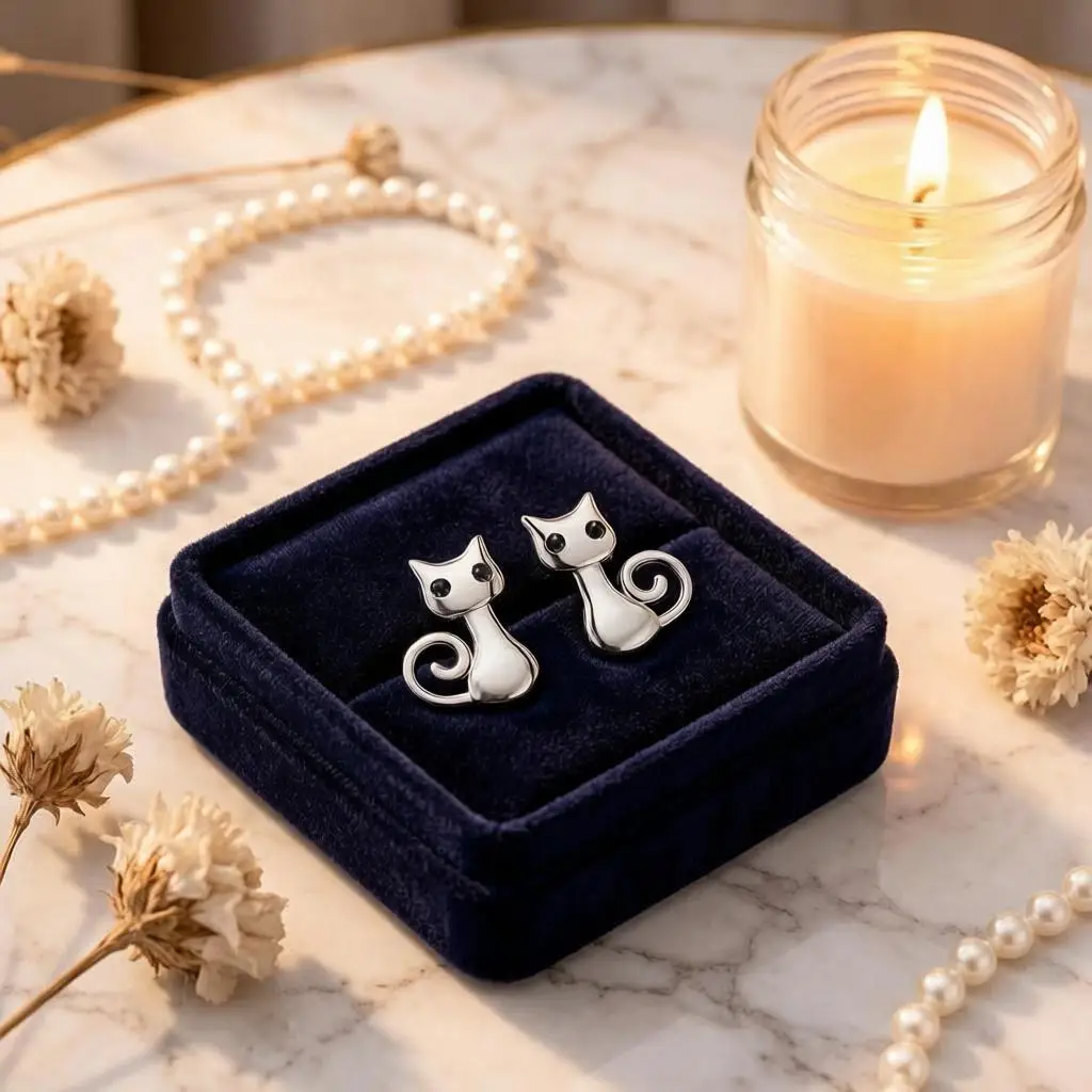 Cute Sweet 925 Sterling Silver Little Cat Shape Stud Earrings for Women Girls Anniversary Wedding Party Fashion Jewelry Gifts