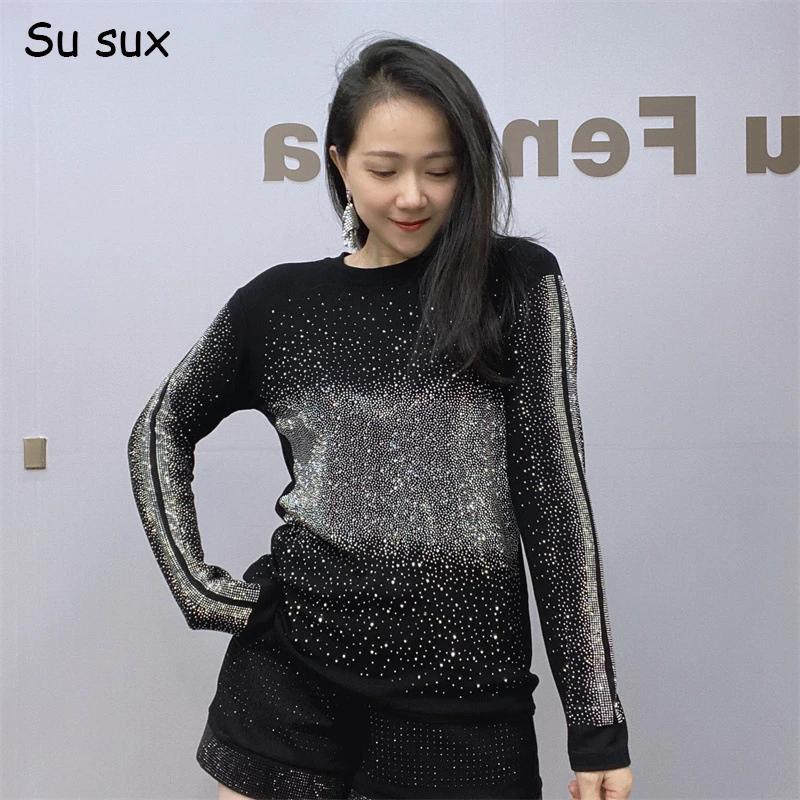 

Sequins O Neck Long Sleeve T-shirts Women Undershirts Y2k Tops Clothes High Elastic Casual Black Tees Vestidos Femme Bust 96cm