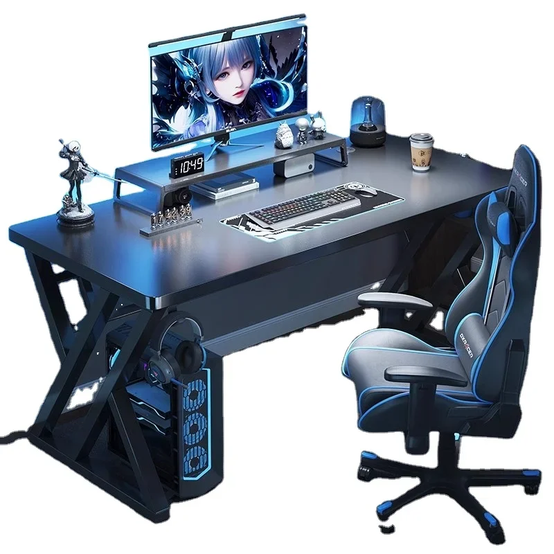 Professional Game Club Office Black Gaming Table RGB led lights steady K Shaped gaming Desk