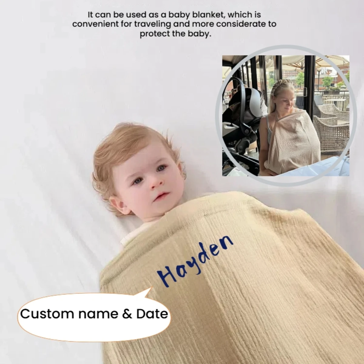 Personalized Custom name Embroidered  letter Nursery Baby feeding blanket Breathable Gifts Anti exposure nursing cloth