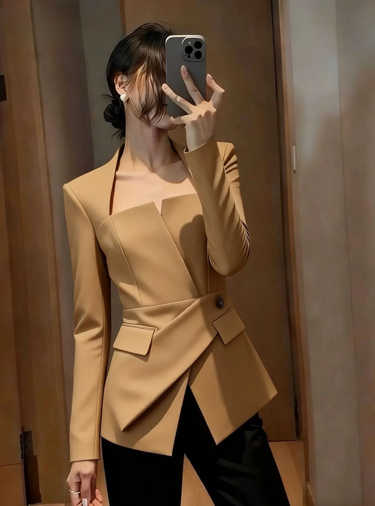 

Chic Khaki Color Women's Suit Jaet Lightweight Mature Sle Belted Waist High-End Feeling Winter Faion ort Outerwear