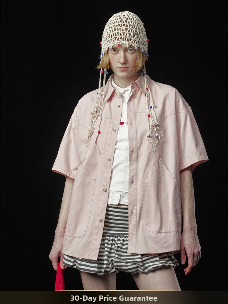 

Nted Japanese Sle Retro Color Simple Collar ort Sve Men's irt Summer College Flavor Couple Match Cotton Jaet