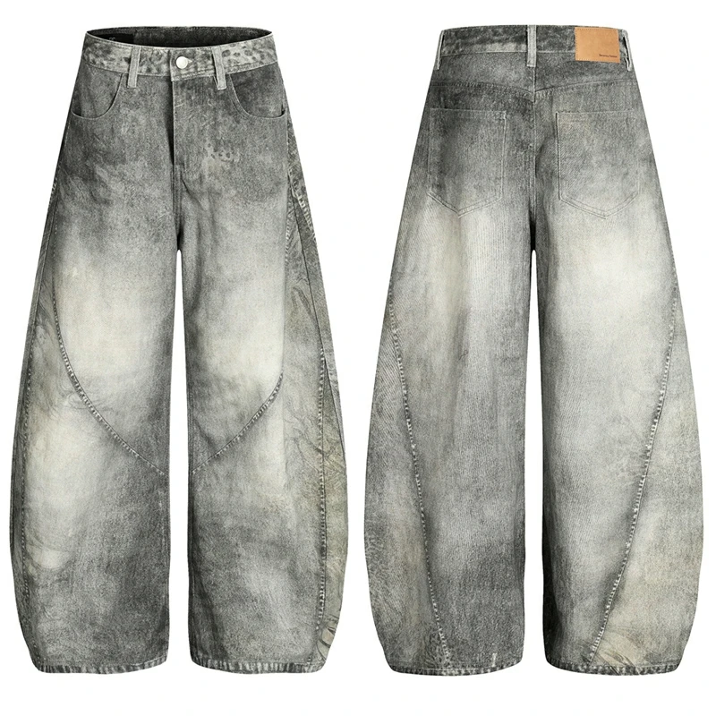 

Spring Autumn American Style Men's Jeans 3D Printing Contrast Color Design Deconstruction Wide Leg Male Curved-knife Denim Pants